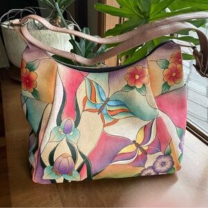 Anna by Anuschka Large Multi Pocket Hobo 8060 Colorful Floral Leather Bag